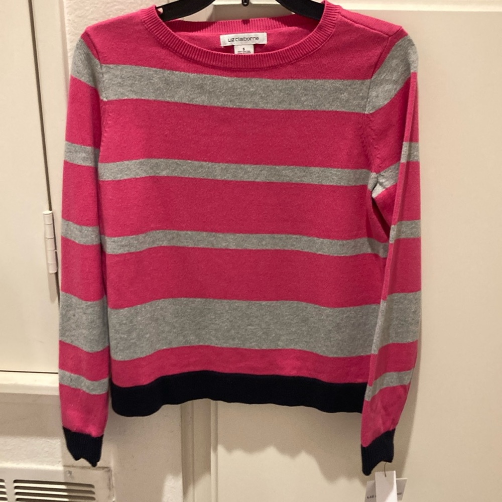 NWT- Liz Claiborne, cotton sweater with fuchsia stripes